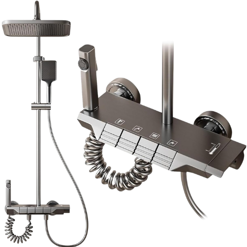 Luxury Wall Mount Shower System with Thermostatic Mixer – Matte Black Rainfall Overhead Shower, 3-Mode High Pressure Handheld Sprayer, Bidet Spray Combo, Durable Stainless Steel Bathroom Faucet Set