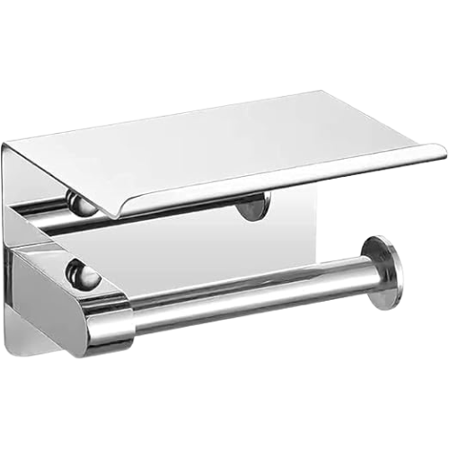 Toilet Paper Holder with Shelf, 304 Stainless Steel Toilet Tissue Holder: Self-Adhesive and Wall Mounted Bathroom Roll Holder, Modern Paper Towel Roll Holder with Phone Storage Shelf -Polished Chrome