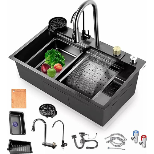 Multifunctional Waterfall Sink, Practical Sink, Built-in Sink with Fitting, Black Stainless Steel, Suitable for Bars, Balconies, Homes, Kitchens (Dark Gray, 85 x 45cm)